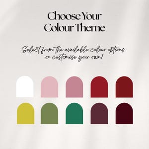Puede incluir: Imagen con el texto "Choose Your Colour Theme" y "Select from the available colour options or customise your own!" Debajo, diez muestras de color en tonos como blanco, rosa, rojo, verde y morado.