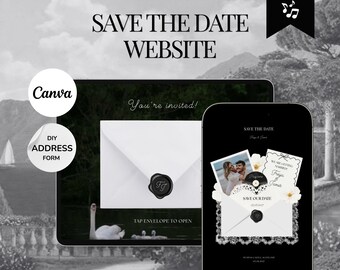 Può includere: Un modello di sito web digitale "Save the Date" visualizzato su un tablet e uno smartphone. Il design presenta una busta bianca con un sigillo di ceralacca nero, una foto di una coppia e testo che include "Save the Date" e "Music Included".