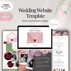 May include: A wedding website template with a countdown timer, featuring a pink envelope design with the text "The Wedding of Sophie & John." Includes RSVP and love story sections, plus free wedding icons.