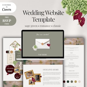 Sage Green & Burgundy Floral Wedding Website Template with RSVP: Editable Canva Design (Digital Download)