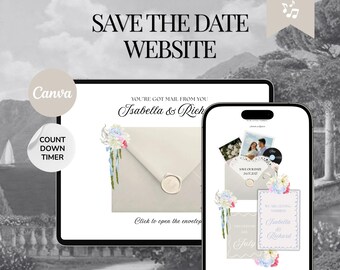 Può includere: Un modello di sito web digitale per save the date visualizzato su un tablet e uno smartphone. Il design presenta una busta con sigillo di ceralacca, illustrazioni floreali e il testo You've got mail from Isabella & Richard.