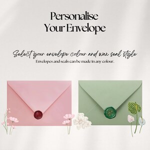 Puede incluir: Sobres rosas y verdes con sellos de cera. El texto dice: "Personaliza tu sobre". Debajo, se lee: "Selecciona el color de tu sobre y el estilo del sello de cera. Los sobres y sellos pueden hacerse en cualquier color."