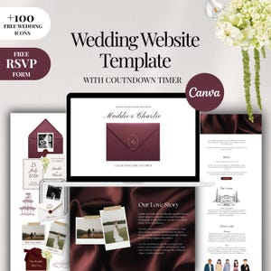 Puede incluir: Una plantilla de sitio web de bodas con temporizador de cuenta regresiva, formulario RSVP e iconos de boda gratuitos. El diseño presenta un sobre burdeos con los nombres "Maddie & Charlie" y un logotipo de Canva. Incluye fotos y texto.