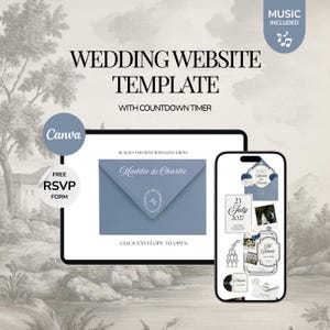 Puede incluir: Una plantilla de sitio web de bodas digital en una tableta y un teléfono inteligente. La pantalla muestra un sobre azul con el texto Maddie & Charlie, un temporizador de cuenta regresiva, formulario RSVP y galería. Texto: Wedding Website Template.