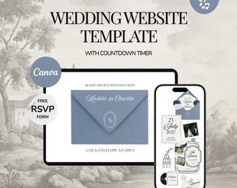 Può includere: Un modello di sito web per matrimoni digitale visualizzato su tablet e smartphone. Lo schermo mostra una busta blu con il testo Maddie & Charlie, un timer per il conto alla rovescia, un modulo RSVP e una galleria. Testo: Wedding Website Template.