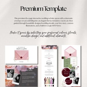 Puede incluir: Una plantilla de sitio web de bodas con un dise&ntilde;o de sobre rosa, con el texto "Premium Template". El dise&ntilde;o incluye un sitio web interactivo de cinco p&aacute;ginas con detalles de boda, historia de amor y formulario RSVP. El texto "Make it yours by selecting your preferred colours, florals, envelope design, and additional elements."