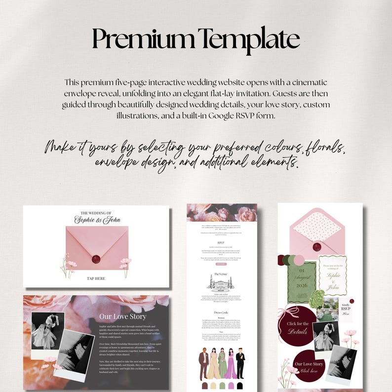 Puede incluir: Una plantilla de sitio web de bodas con un dise&ntilde;o de sobre rosa, con el texto "Premium Template". El dise&ntilde;o incluye un sitio web interactivo de cinco p&aacute;ginas con detalles de boda, historia de amor y formulario RSVP. El texto "Make it yours by selecting your preferred colours, florals, envelope design, and additional elements."