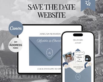 Può includere: Un modello di sito web digitale "Save the Date" visualizzato su un tablet e uno smartphone. Il design presenta una busta blu polvere, accenti floreali, una foto di una coppia e testo che include "Save the Date" e "Maddie & Charlie".