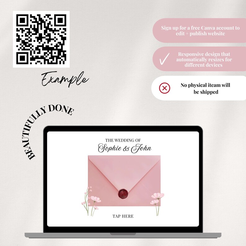 Puede incluir: Una pantalla de port&aacute;til muestra un dise&ntilde;o de invitaci&oacute;n de boda con el texto "The Wedding of Sophie & John". El dise&ntilde;o presenta un sobre rosa con un sello de cera y detalles florales. El texto adicional incluye "Tap Here" e informaci&oacute;n sobre una cuenta de Canva.