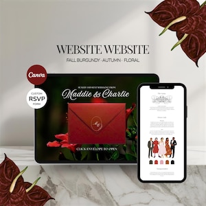 Puede incluir: Una plantilla de sitio web de bodas digital en una tableta y un teléfono inteligente, con un sobre color burdeos con el monograma MC, detalles florales y texto que incluye "WEBSITE WEBSITE", "FALL BURGUNDY", "AUTUMN", "FLORAL" y "Maddie & Charlie".