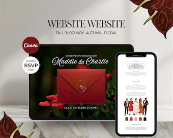 Può includere: Un modello di sito web per matrimoni digitale visualizzato su tablet e smartphone, con una busta bordeaux con il monogramma MC, accenti floreali e testo che include "WEBSITE WEBSITE", "FALL BURGUNDY", "AUTUMN", "FLORAL" e "Maddie & Charlie".
