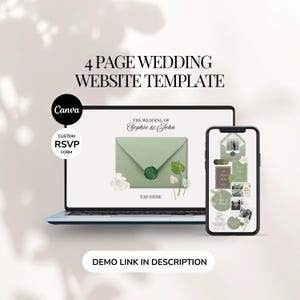 May include: A laptop and smartphone showcasing a wedding website template. The laptop displays a sage green envelope with a wax seal, and the text "THE WEDDING OF Sophie & John." The smartphone shows design elements. Text reads "4 PAGE WEDDING WEBSITE TEMPLATE."