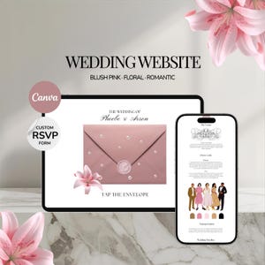 Puede incluir: Una plantilla de sitio web de bodas digital en una tableta y un teléfono inteligente, con sobres de color rosa rubor con detalles de perlas, gráficos florales y texto que incluye "WEDDING WEBSITE", "THE WEDDING OF Phoebe & Arron" y "TAP THE ENVELOPE".