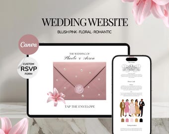 Può includere: Un modello di sito web per matrimoni digitale visualizzato su tablet e smartphone, con buste rosa cipria con accenti di perle, grafiche floreali e testo che include "WEDDING WEBSITE", "THE WEDDING OF Phoebe & Arron" e "TAP THE ENVELOPE".