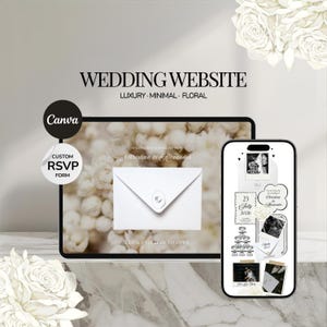 Puede incluir: Una plantilla de sitio web de bodas digital en una tableta y un teléfono inteligente, con motivos florales, un formulario RSVP personalizado y un sobre con el texto Christina & Alexander, 23 July 2026, y Wedding Website Luxury Minimal Floral.
