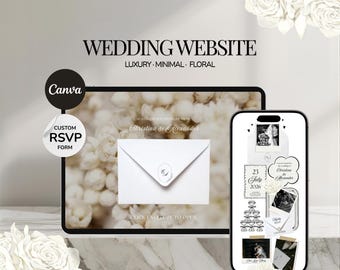 Può includere: Un modello di sito web per matrimoni digitale visualizzato su tablet e smartphone, con motivi floreali, un modulo RSVP personalizzato e una busta con il testo Christina & Alexander, 23 July 2026, e Wedding Website Luxury Minimal Floral.