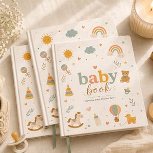 May include: Three white hardcover baby books with the text "baby book" and "Capturing Every Precious First" on the cover. The covers feature colorful illustrations of a sun, rainbow, teddy bear, rattle, stacking rings, horse, and hot air balloon.