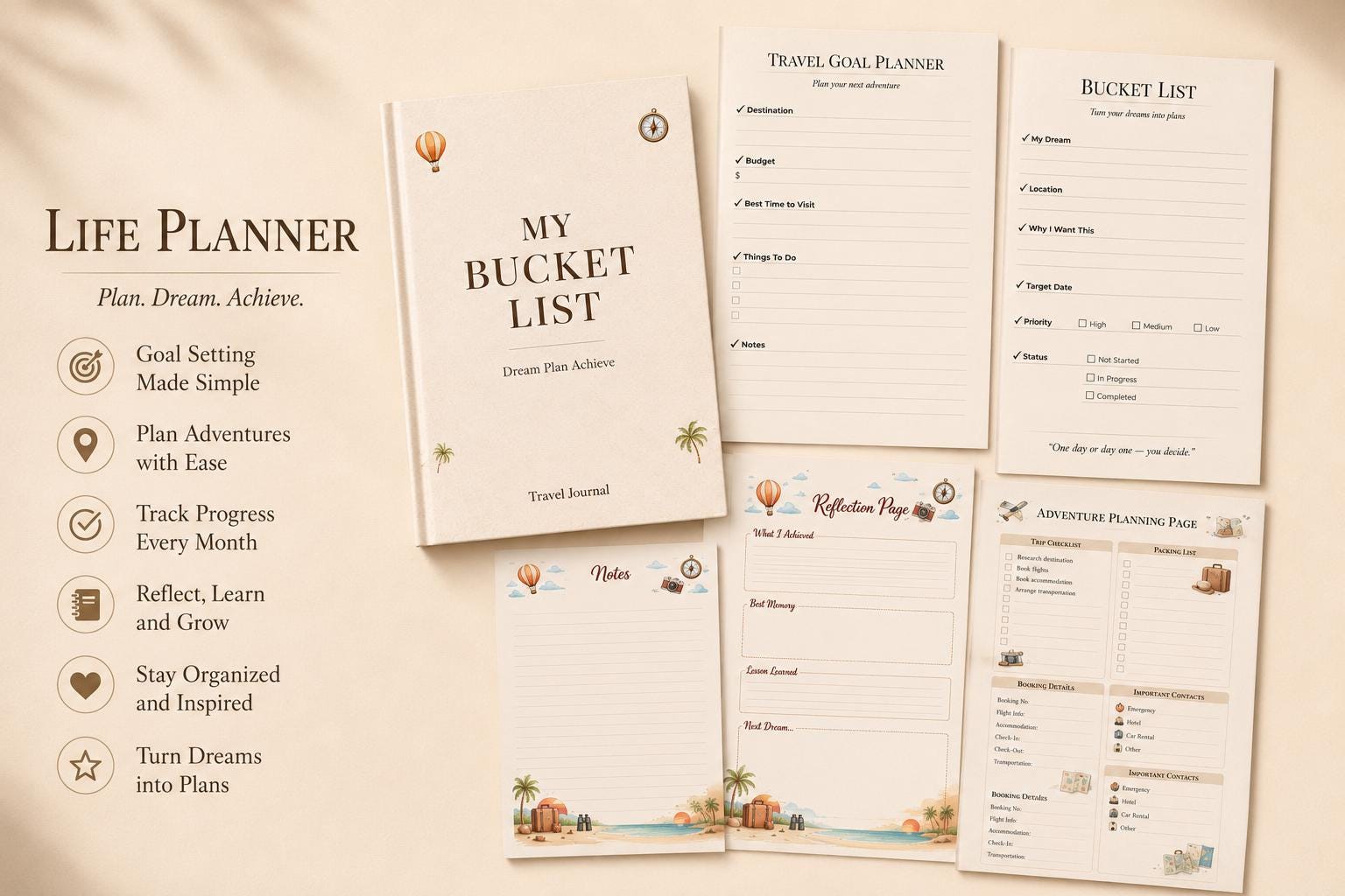 Bucket List Planner Printable, Travel Journal & Life Planner, Goal ...