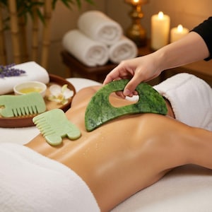 May include: A person receiving a back massage with jade gua sha tools. The tools are green and are being used on the person's back. Other spa items are in the background, including towels, candles, and a tray with essential oils.