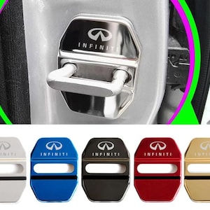 May include: A set of five metallic car door lock covers featuring the Infiniti logo and brand name. The covers are available in silver, blue, black, red, and gold finishes, designed to fit over the door latch mechanism of a vehicle door frame.