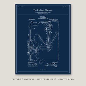 May include: A dark blue patent print of The Drafting Machine, A Traveling Anchor for Parallel Motion, by C.H. Little, patented 19 September 1911. The white line drawing features technical diagrams, reference numbers, and signatures on a blue background.