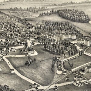 Carte aérienne de Clifton Springs (État de New York) de 1892, lithographie ancienne restaurée, décoration murale de la région des Finger Lakes (État de New York), téléchargement numérique instantané