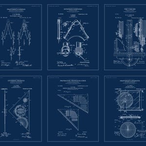 May include: A set of six blue and white patent prints featuring technical drawings of drafting tools including a compass, T-square, lettering triangle, protractor, and drafting apparatus with detailed lines, labels, and patent dates.