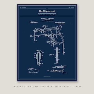 Puede incluir: Una impresión de patente azul oscuro de The Ellipsograph para la construcción de elipses y círculos, número de patente 1,017,287, fechada el 13 de febrero de 1912. El dibujo técnico presenta diagramas de líneas blancas, incluyendo Fig. 1, 4 y 5.