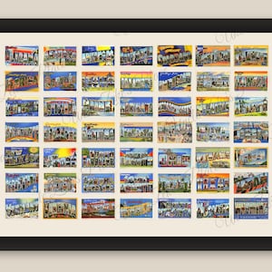 May include: A framed wall art print featuring a grid of fifty vintage-style postcards, each displaying the name of a different U.S. state in large, colorful lettering. The postcards contain small illustrated scenes of landmarks and landscapes.