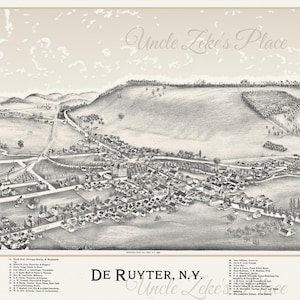 Puede incluir: Una ilustración en blanco y negro a vista de pájaro de De Ruyter, N.Y. que muestra el trazado de la ciudad con edificios, carreteras y colinas circundantes. La impresión incluye una leyenda numerada en la parte inferior y el texto Uncle Zeke's Place.