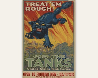 Treat 'em Rough Join the Tanks Poster, Vintage WWI Tank Corps Print, Restored 1917 Hutaf, Printable Wall Art, Digital Download