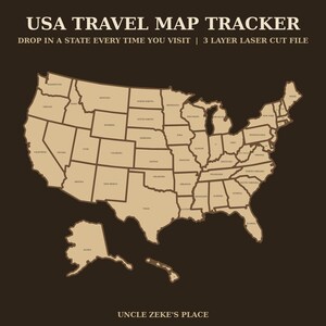 Carte de voyage des États-Unis (SVG), puzzle en bois découpé au laser, fichier DXF 3 couches pour Glowforge, carte des États visités, cadeau de voyage à faire soi-même