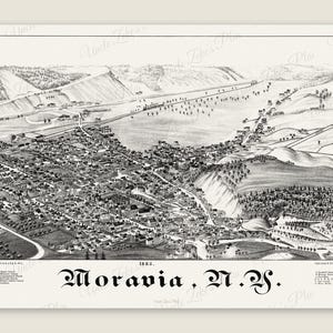 May include: A black and white bird's-eye view map of Moravia, N.Y. from 1883. The illustration depicts a town layout with buildings, streets, and surrounding hills. The text Moravia, N.Y. is printed at the bottom center with a numbered legend.