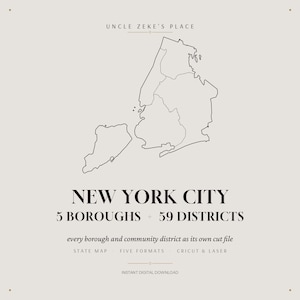 May include: A digital graphic featuring a black outline map of New York City with its five boroughs. Text reads: UNCLE ZEKE'S PLACE, NEW YORK CITY, 5 BOROUGHS + 59 DISTRICTS, every borough and community district as its own cut file, STATE MAP, FIVE FORMATS, CRICUT & LASER, INSTANT DIGITAL DOWNLOAD.