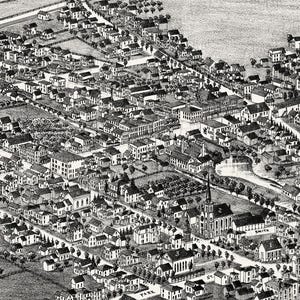 May include: A black and white bird's-eye view illustration of a town grid featuring numerous houses, commercial buildings, and a church with a steeple. Labeled streets include Cayuga, Smith, Allen, and Park, with numbered landmarks.