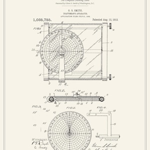 May include: A black and white patent print titled DRAFTSMAN'S APPARATUS, dated August 13, 1912. The document features technical line drawings labeled FIG. 1, FIG. 2, FIG. 3, FIG. 4, and FIG. 5, illustrating a drawing table with a circular grid component.