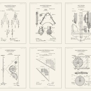 May include: A set of six vintage patent prints featuring technical line drawings of drafting tools including a compass, extension compasses, a T-square, a lettering triangle, a protractor, and a draftsman's apparatus on a cream background.