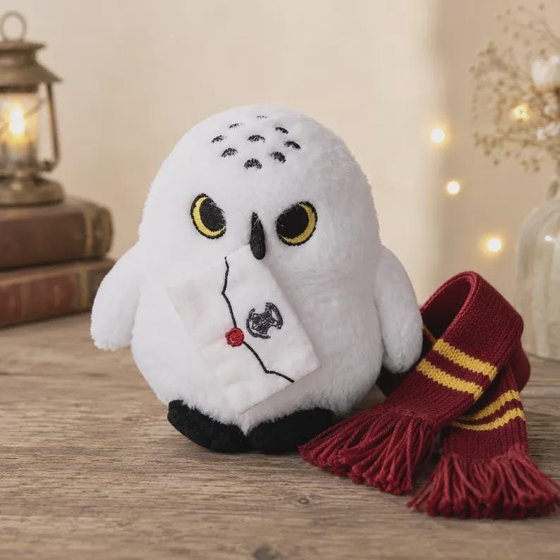 Magic School Snowy Owl Plush, White Stuffed Animal with Letter, Wizard Fandom Toy