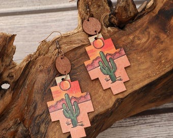 Cactus Wood Earrings, Southwestern Desert Dangles, Western Cowgirl Birthday Gift