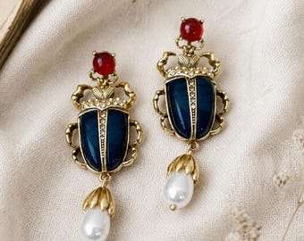 Scarab Beetle Dangle Earrings, Vintage Inspired Blue Insect Drops, Gold Tone Pearl-Like Drop, Egyptian Style Statement Jewelry