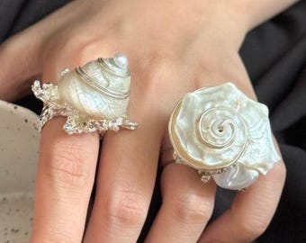 Mother of Pearl Shell Ring, Natural Seashell Statement Ring, Adjustable Mermaidcore Jewelry, Ocean Inspired Beach Jewelry Gift for Her