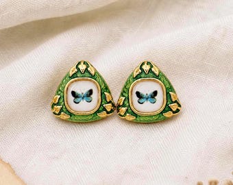 Green Butterfly Stud Earrings, Vintage Inspired Statement Earrings, Gold Tone Framed Butterfly, 925 Silver Posts, Nature Jewelry