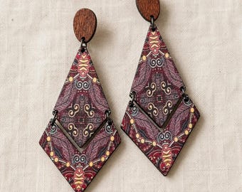 Boho Geometric Earrings, Burgundy Diamond Dangle Earrings, Large Artistic Statement Jewelry, Eclectic Birthday Gift