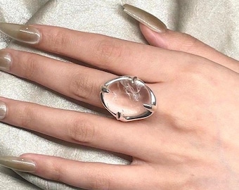 925 Sterling Silver Minimalist White Crystal Statement Ring Adjustable Gemstone Ring, Korean Style Elegant Oval Stone Jewelry Gift For Women