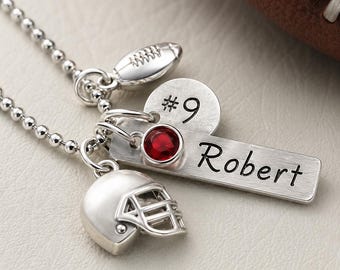Personalized Football Helmet Necklace, Custom Name and Jersey Number Pendant with Birthstone