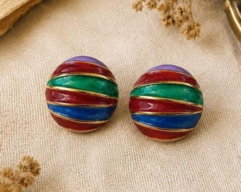 925 Silver Colorful Striped Stud Earrings, Vintage Inspired Dome Earrings,  Bold Retro Statement Jewelry