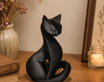 3D Printed Black Cat Statue, Gothic Minimalist Desk Ornament, Witchy Shelf Decor