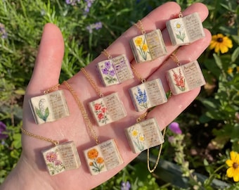 Birth Month Flower Book Necklace, Miniature Floral Book Pendant, Gold Tone Literary Jewelry, Personalized Birthday Gift for Book Lover