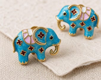 Elephant Stud Earrings,Colorful Enamel Animal Earrings, Vintage Inspired Elephant Jewelry, Blue or White Statement Studs, Whimsical Earrings
