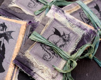 Purple Witchy Junk Journal, Black Cat Grimoire Notebook, Vintage Fabric Scrapbook, Gothic Cottagecore Writing Gift